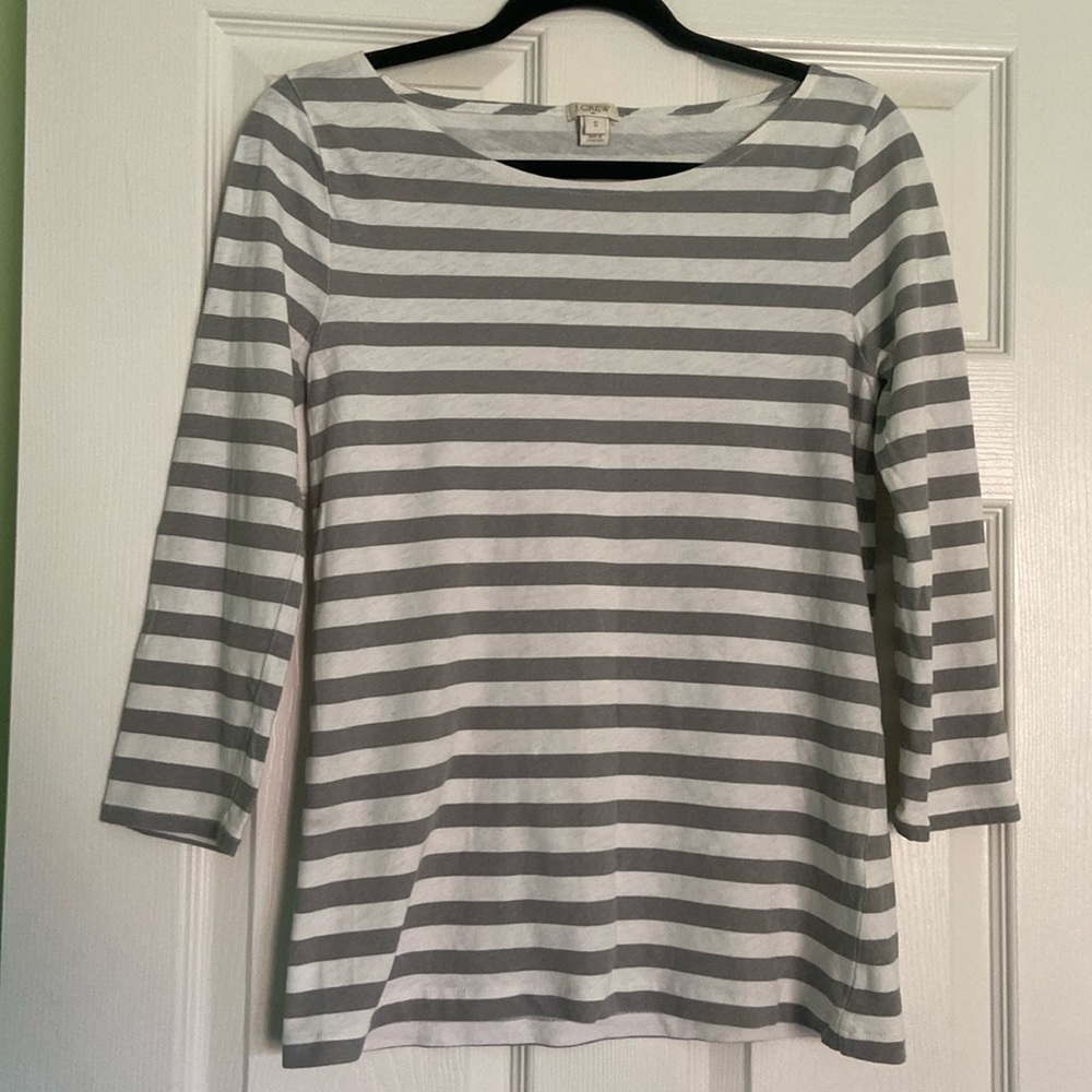J. Crew Grey and White Stripe Boatneck Tee